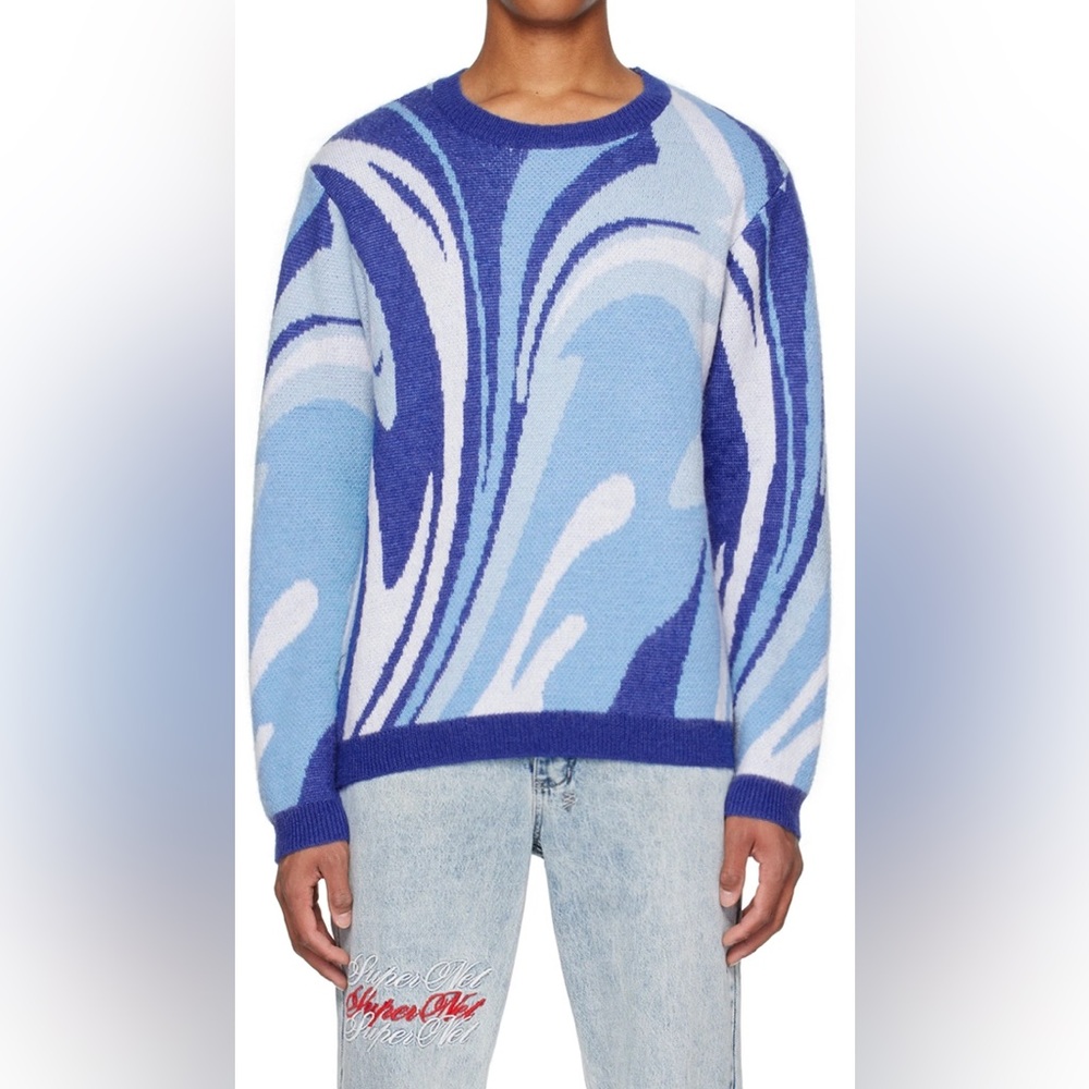 NWOT RtA Blue Jacquard Swirl Pattern Crewneck Sweater Large Acrylic Wool Mohair